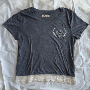 Hollister Charcoal Gray LA Graphic Tee with Cream Lace Hem